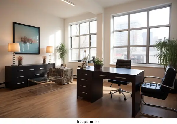 Office with a large desk and a comfortable chair