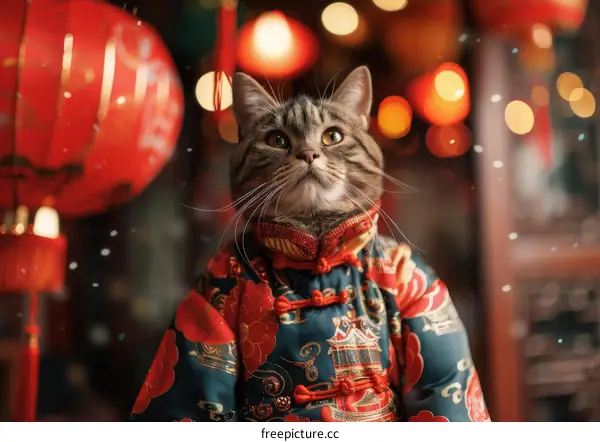 A cat wearing a traditional Chinese outfit is sitting in front of a red lantern.