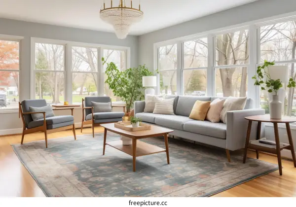 Airy and inviting living room with large windows and a colorful rug