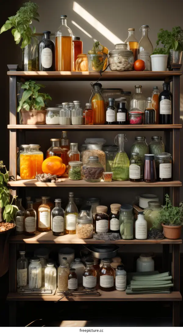 Organized Kitchen Shelf with Jars, Bottles, and Kitchenware
