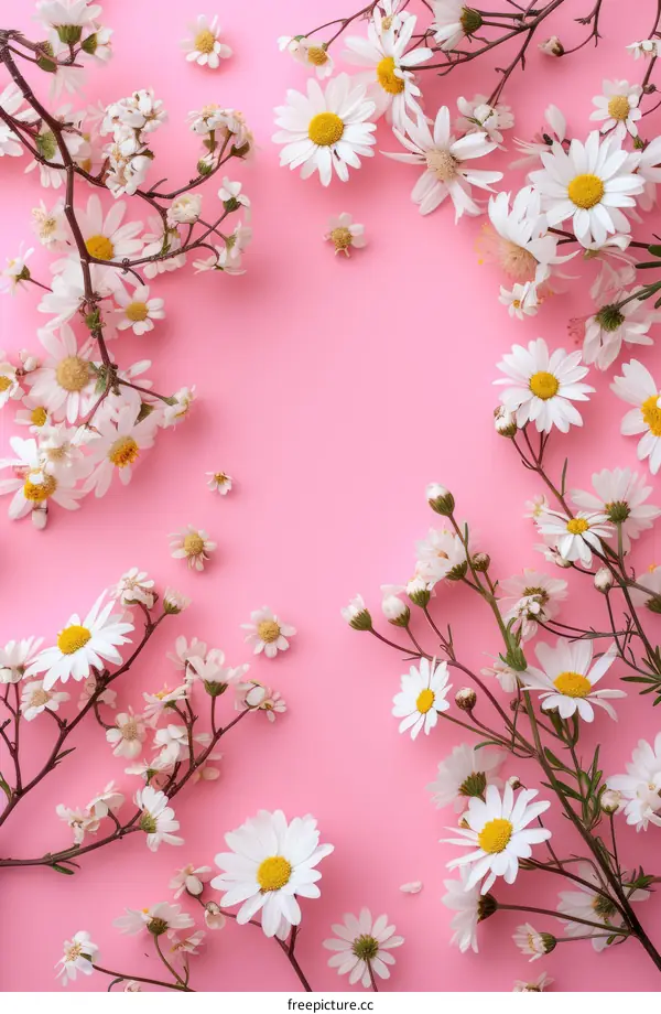 White and yellow daisies on a pink background