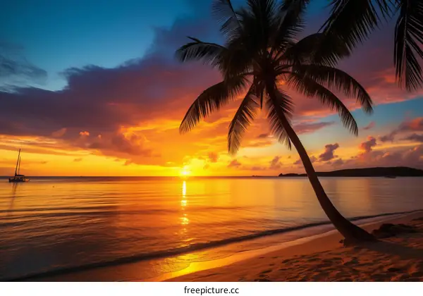 Palm tree on a tropical beach during sunset