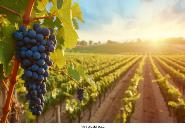 Close-up of a bunch of ripe grapes in a lush sunlit vineyard