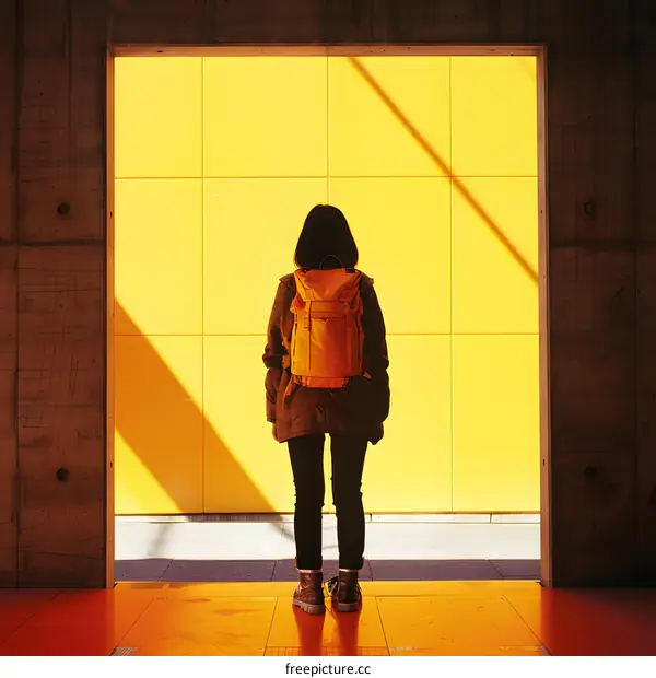 Woman With Backpack Standing in Front of Yellow Wall