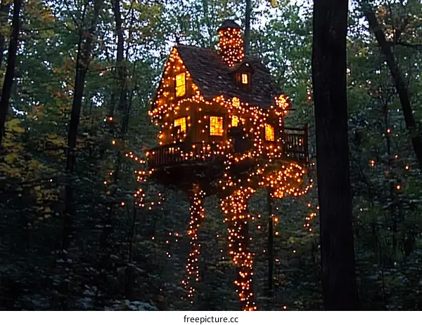 Enchanted Treehouse with Christmas Lights in the Forest