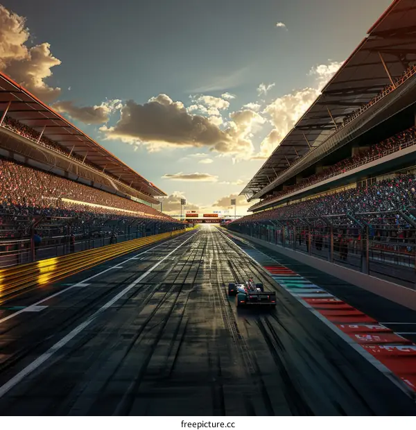 Formula One Car Racing Down Track At Sunset