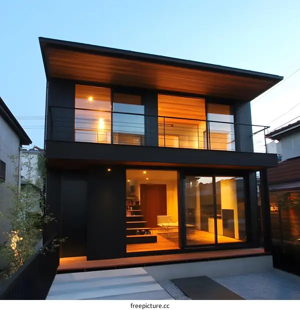 Modern Black House with Wood Accents and Large Windows