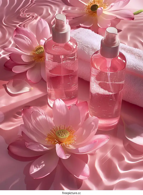 Two pink bottles of micellar water with lotus flowers