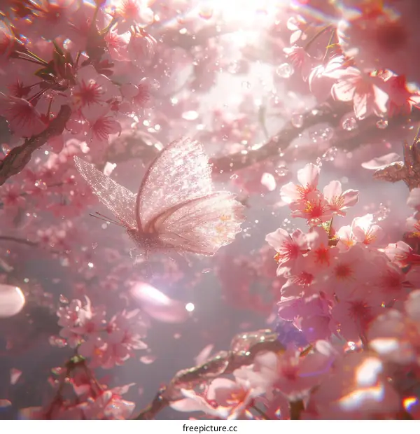 Pink cherry blossoms and a butterfly
