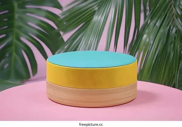 Product Display Mockup with Tropical Leaves and a Colorful Platform