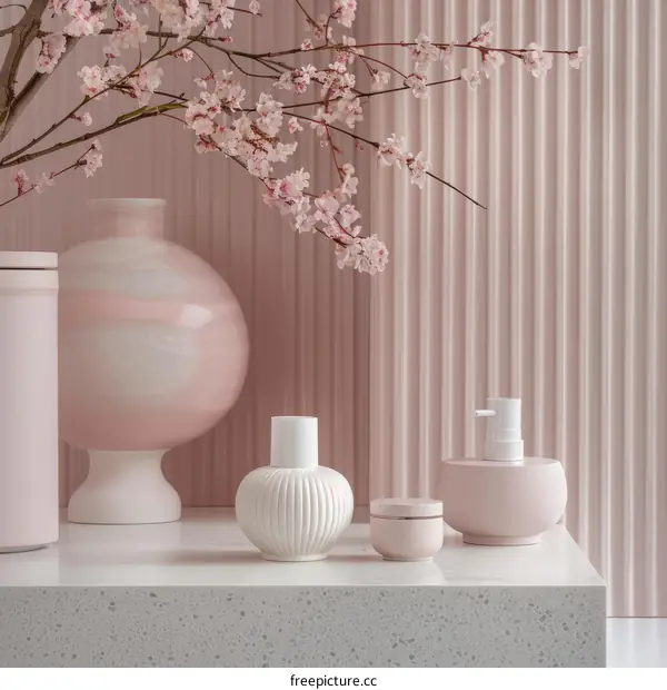 Pink and White Ceramic Vase, Bowl, and Soap Dispenser with Cherry Blossom Branches