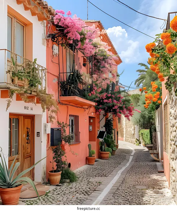 Charming Spanish Street With Flowers