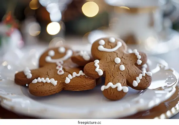 Two gingerbread men cookies on a white plate with blurred Christmas lights in the background