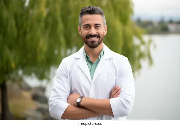Portrait of a smiling male doctor in a white coat standing outdoors near a lake