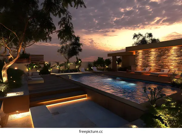 Modern Luxury Home with Swimming Pool and Night Sky