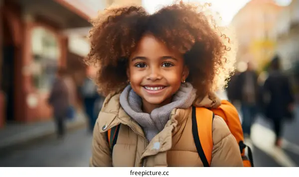 Portrait of a happy young girl with curly hair smiling