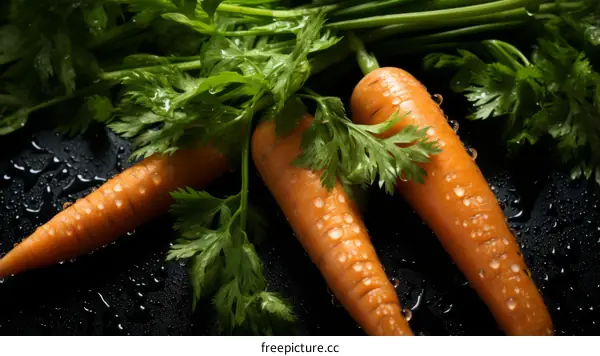 Fresh carrots with green leaves on a black background