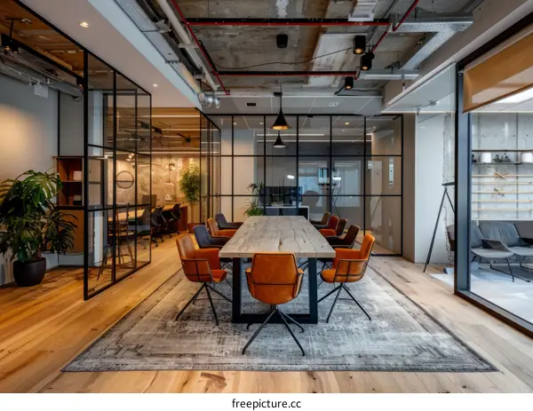 A conference room with a large wooden table and chairs