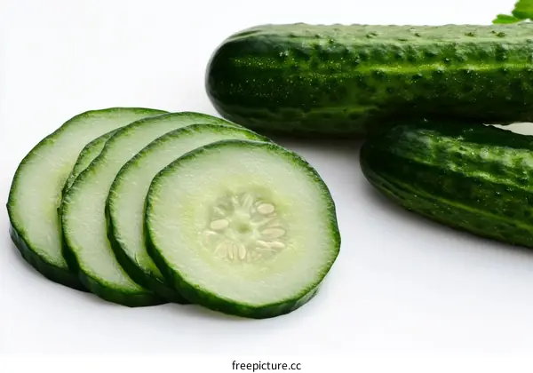 Fresh Cucumber Slices and Whole Cucumbers on White Background