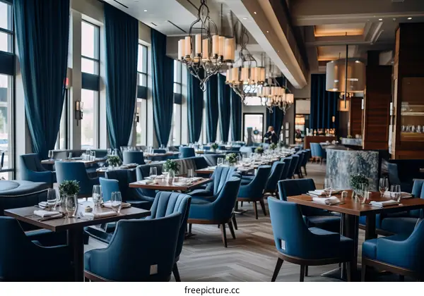 Elegant restaurant interior with blue velvet chairs and large windows