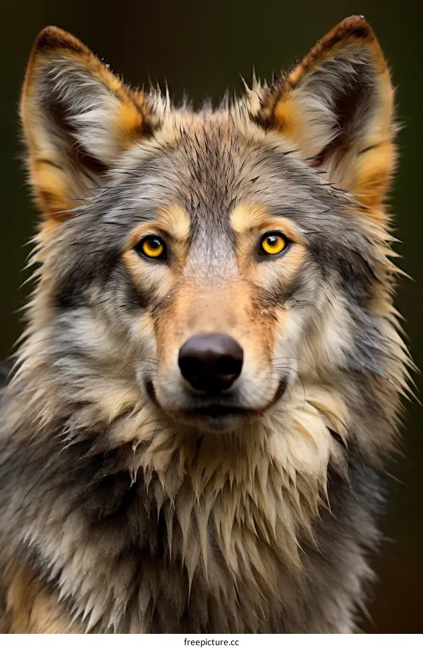 Portrait of a wet wolf staring at the camera