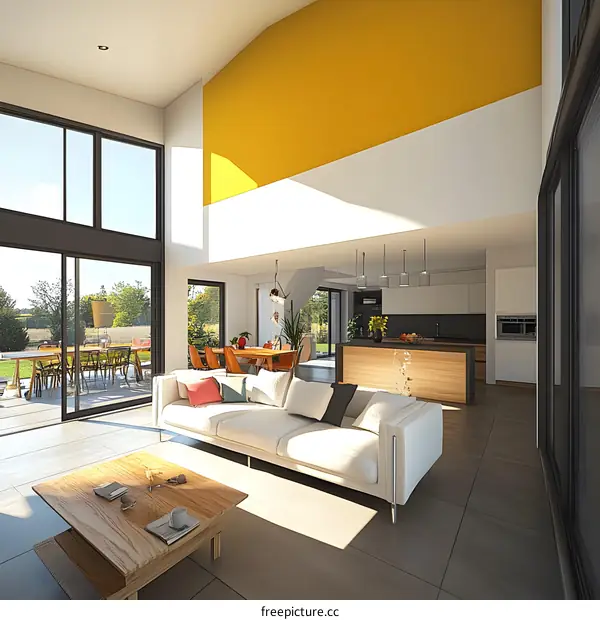 Modern Interior Design with Yellow Wall and Large Windows