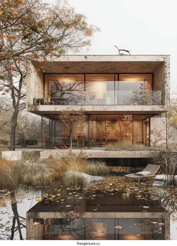 Modern two-story house with autumn trees and a pond