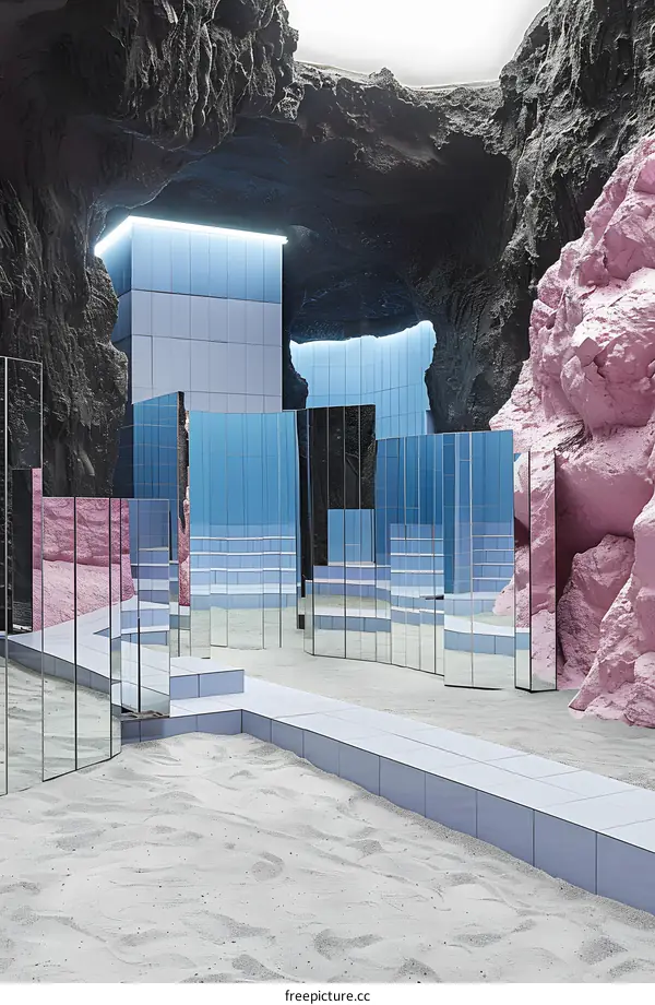 Abstract Minimalist Architecture Interior Design with Rock Formations and Mirrors