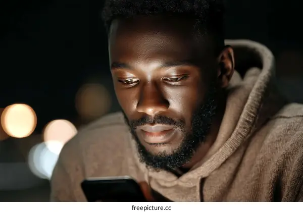 Close-up of a Black Man Using a Smartphone at Night