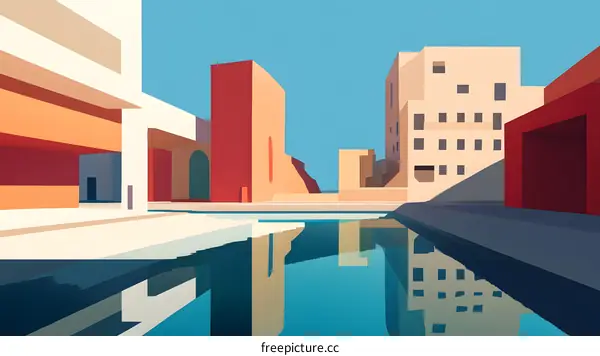 Abstract Minimalist Illustration of Cityscape with Geometric Buildings and Reflections
