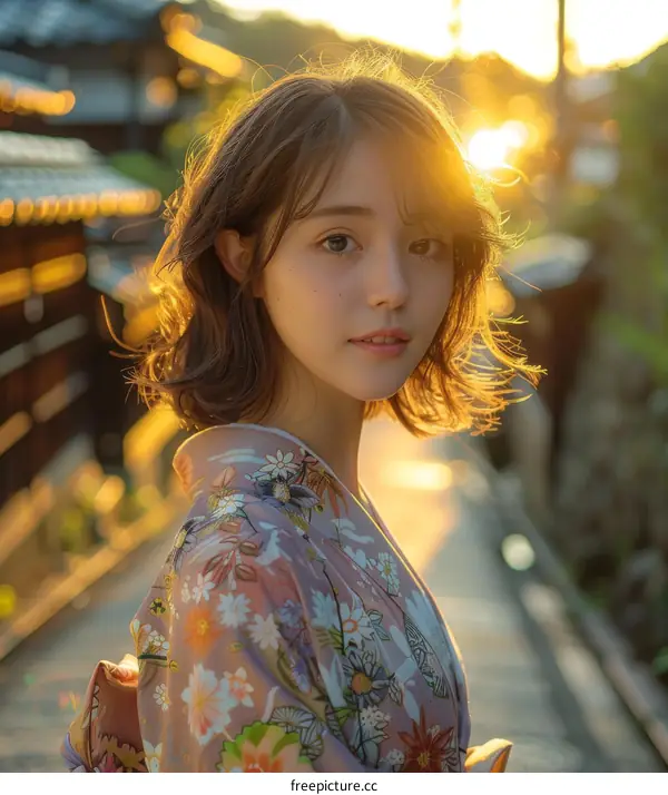 Asian Woman in Traditional Japanese Kimono in Golden Light
