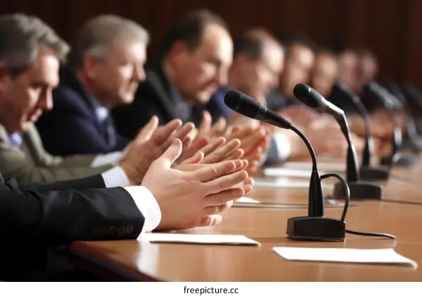 A group of people are clapping their hands in a conference room.