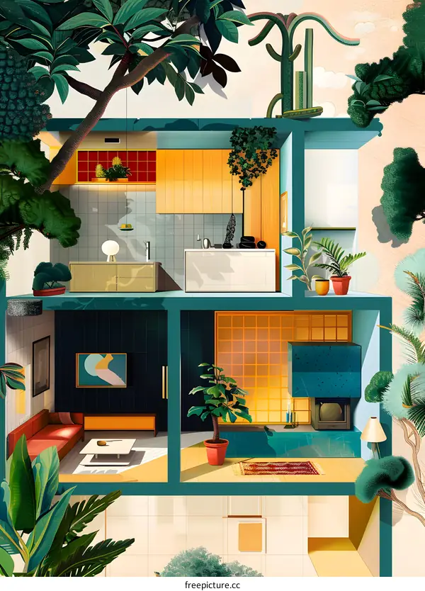 Modern Home Interior Design Illustration With Plants and A Minimalist Aesthetic