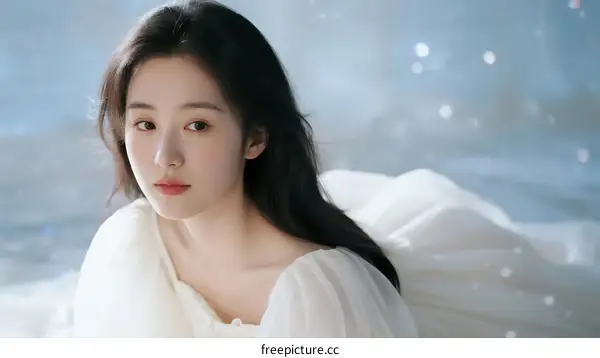 A young woman with long black hair wearing a white dress