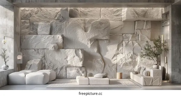 3d rendering of a room with a stone wall and a sofa
