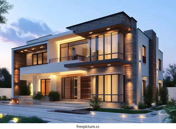 Modern Two Story House Design With Stone Wall And Large Windows