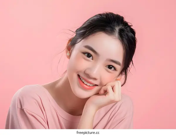 Beautiful Young Asian Woman Smiling with Pink Background