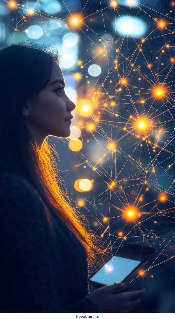 Woman in Profile with a Tablet and Network Graphic