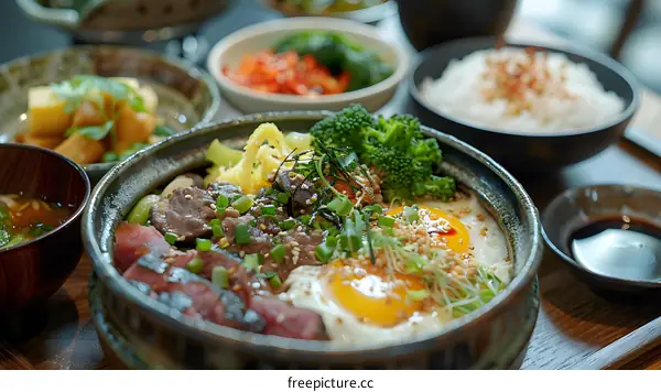 Japanese Breakfast Set with Beef and Eggs