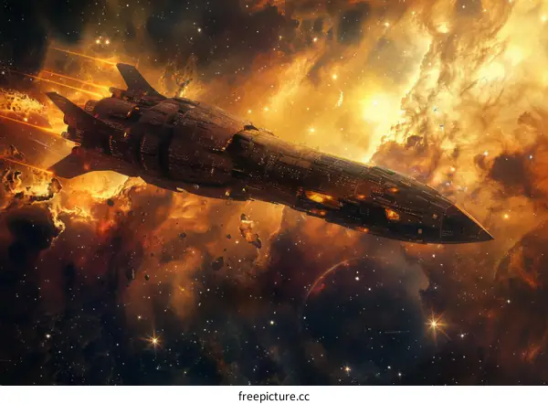 Spaceship Flying Through Nebula
