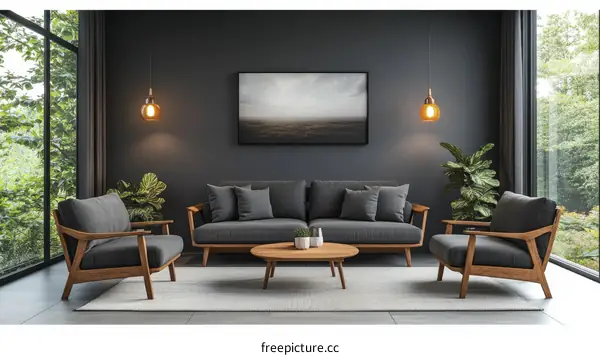 Mid-Century Modern Living Room Set with Dark Gray Sofa