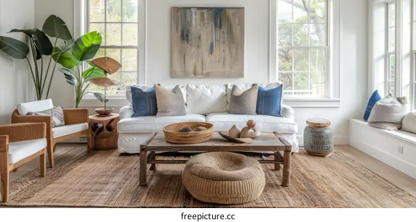 Coastal Living Room With Blue and White Decor