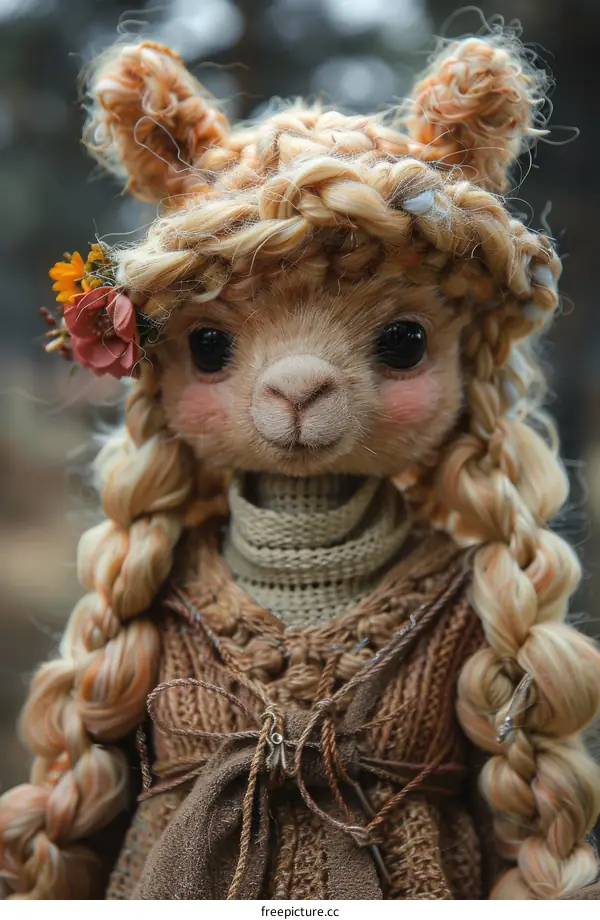 A cute toy llama with blond hair and brown eyes