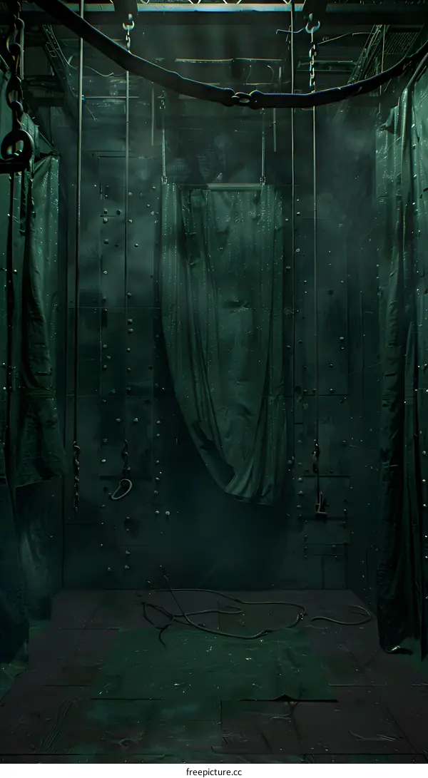 Green Metal Room with Chains and Tarpaulin