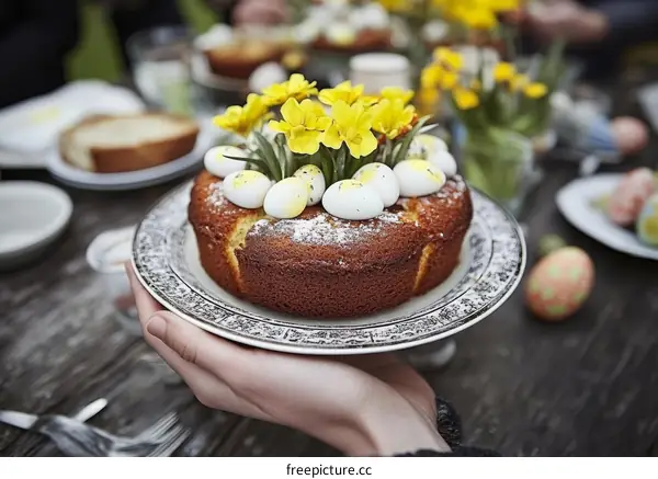 Easter Cake Decorated with Flowers and Eggs