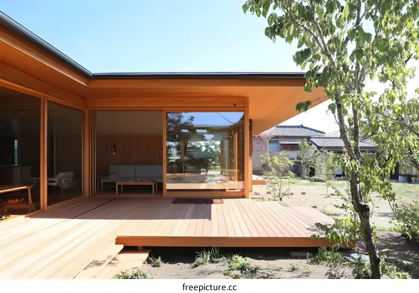 Modern Wooden House With Deck And Patio