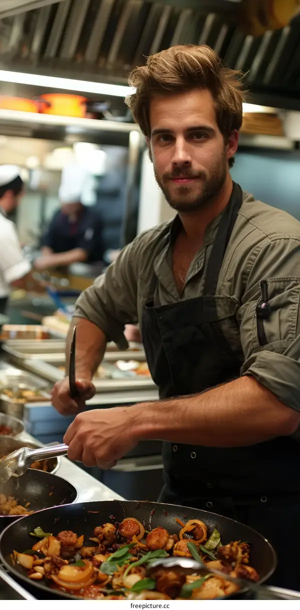 Young male chef in a commercial kitchen