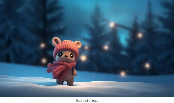 Cute Cartoon Bear in Snowy Forest at Night