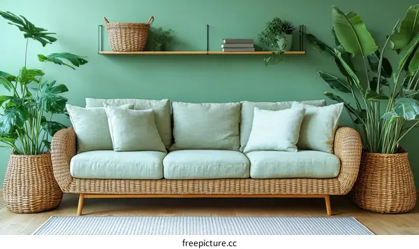 Modern Living Room with Greenery and Wicker Furniture