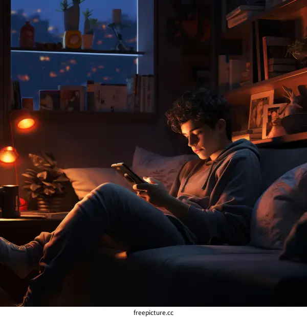 A young man is sitting on a couch at night looking at his phone with the city lights and moon in the background.